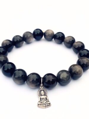Obsidian Crystal Bracelet | Sterling Silver Buddha Charm