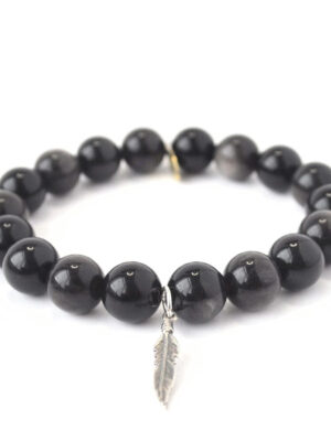 Obsidian Crystal Bracelet | Sterling Silver Feather