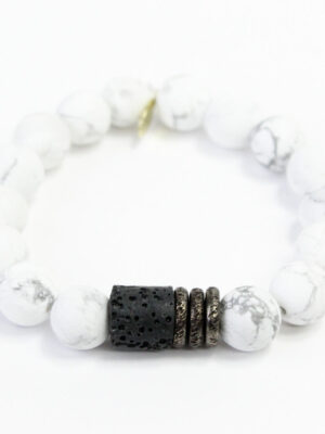 Howlite Crystal Bracelet | Lava Barrel + Gunmetal Rings