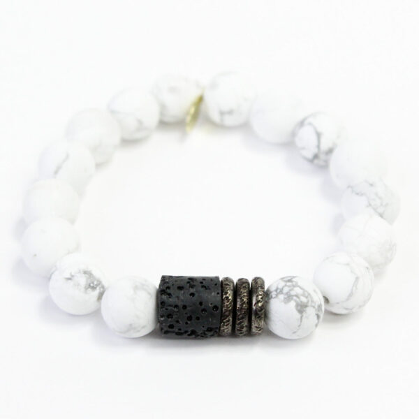 Howlite Crystal Bracelet | Lava Barrel + Gunmetal Rings