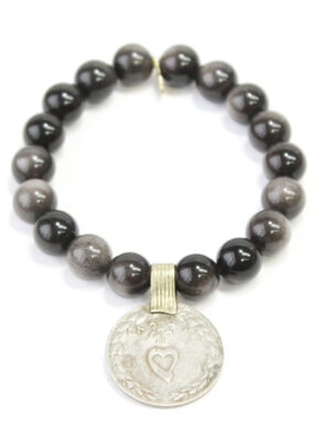 Obsidian Crystal Bracelet | Silver + Vintage Foreign Coin