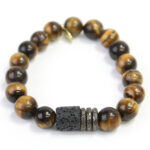 Tiger Eye Crystal Bracelet | Lava Barrel + Gunmetal Rings