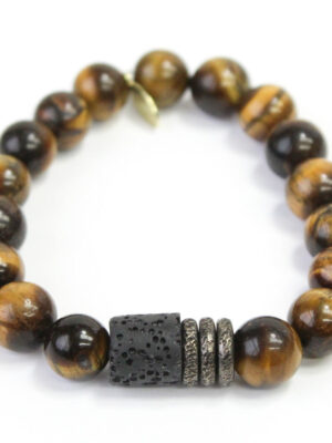 Tiger Eye Crystal Bracelet | Lava Barrel + Gunmetal Rings